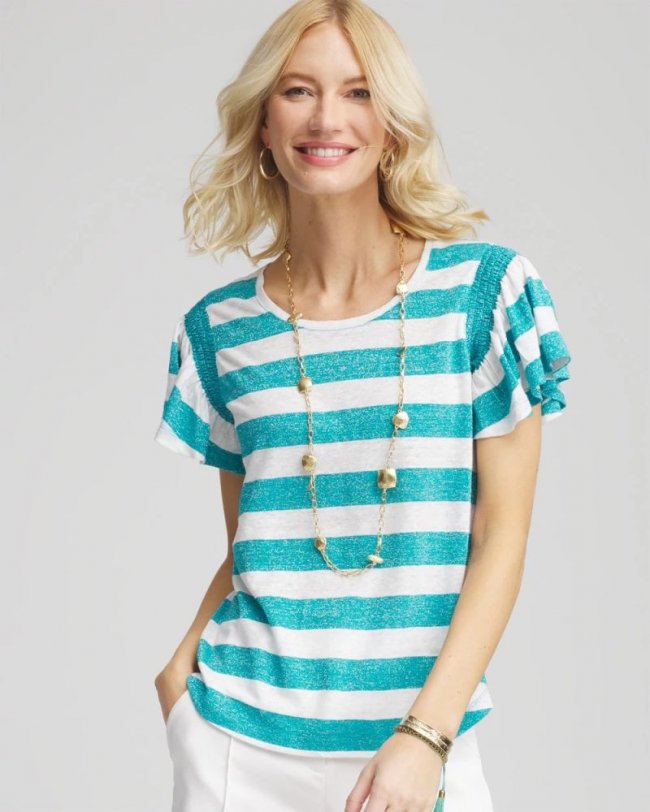 Chicos Linen Metallic Striped Flutter-Sleeve Tee - SEASPRAY