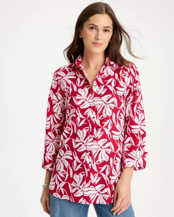 Chicos No Iron Stretch Palm Print Shirt - CHERRY LUSH