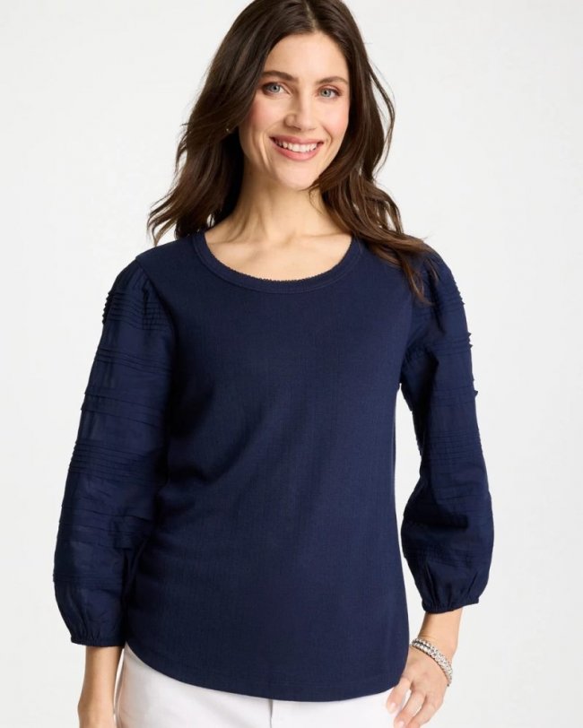 Chicos Pintuck Puff Sleeve Tee - PASSPORT BLUE