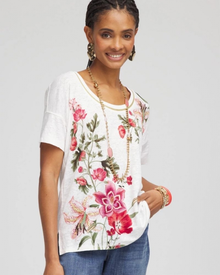 Chicos Floral Sweater Trim Linen Tee - ALABASTER