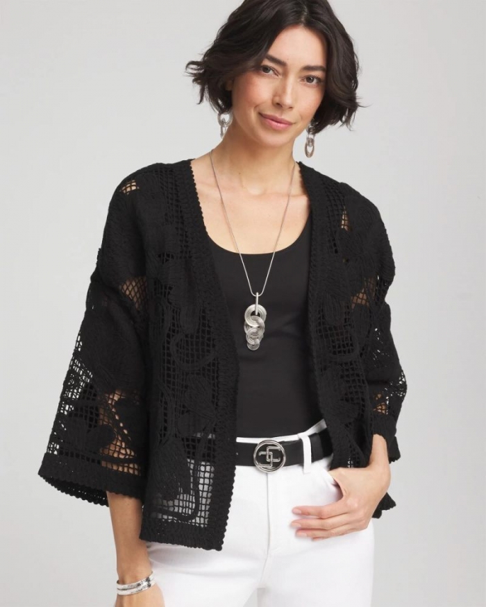 Chicos Cutwork Crochet-Lace Short Kimono - BLACK