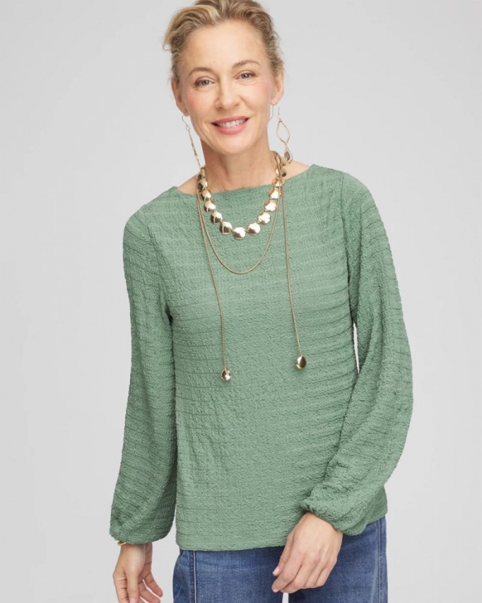 Chicos Smocked Boatneck Top - MINERAL GREEN