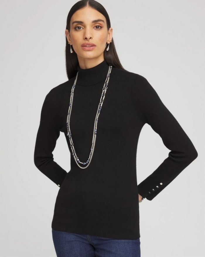 Chicos Ella Button Cuff Turtleneck Sweater - BLACK