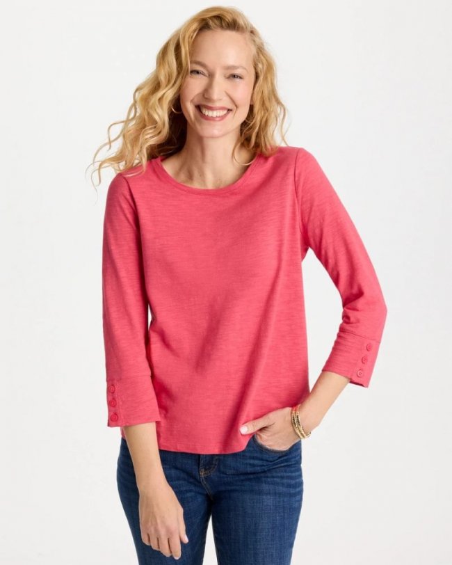 Chicos Cotton Slub 3/4 Sleeve Button Tee - HOT HONEYSUCKLE