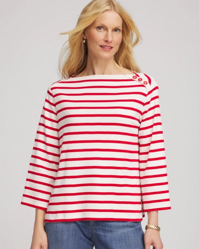 Chicos Bateau Neck Stripe Top - LOVE LETTER RED