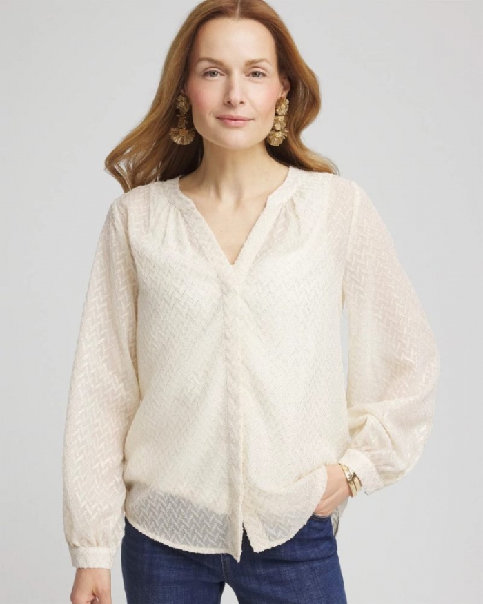 Chicos Chevron Blouson Sleeve Blouse - ECRU
