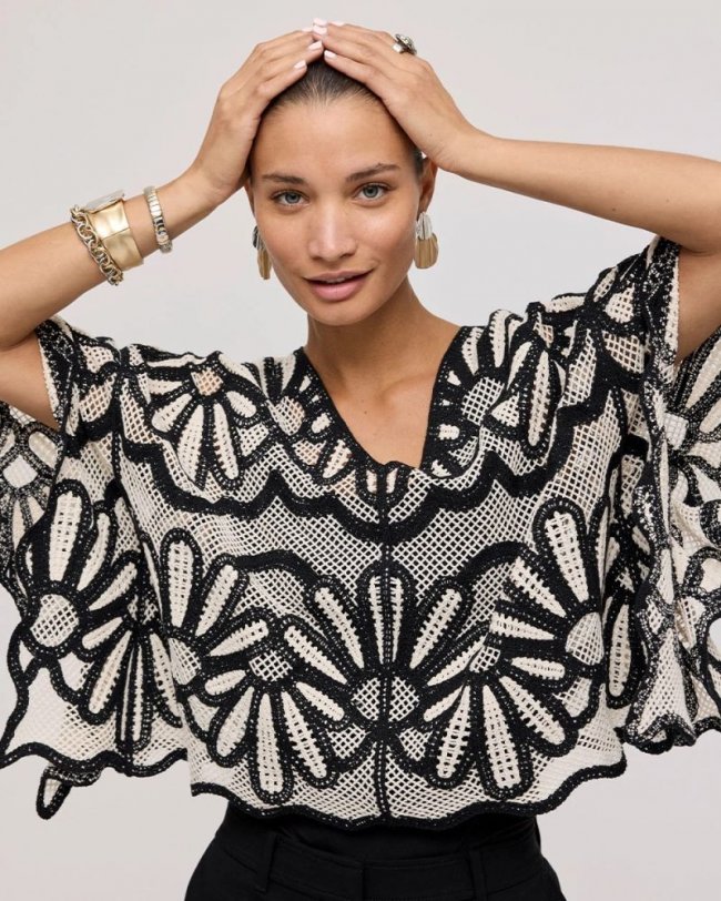Chicos Crochet Lace Contrast Floral Poncho - BLACK AND NEUTRAL