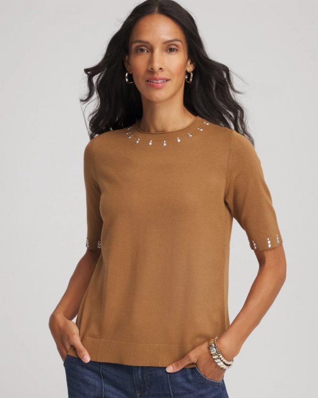 Chicos Ella Embellished Classic-Fit Sweater Tee - BURNT SIENNA