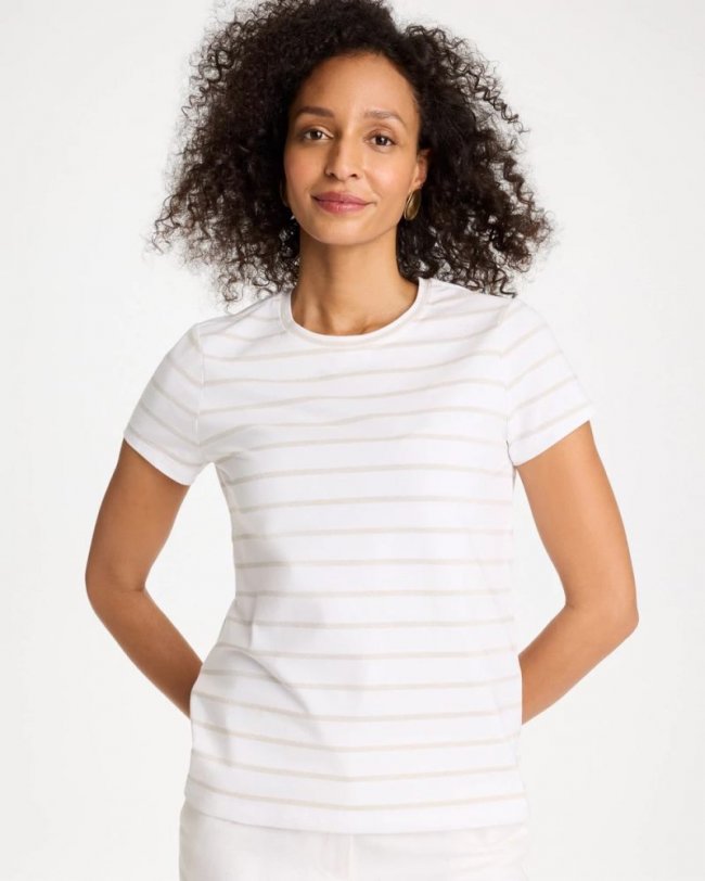 Chicos Cotton Stretch Striped Cap Sleeve Tee - ALABASTER