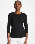 Chicos Ribbed Button Crewneck Tee - BLACK
