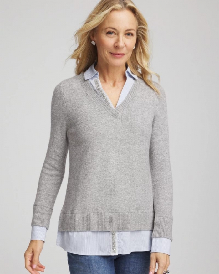 Chicos Sequin Built-In Shirt Knit Sweater - GRAY