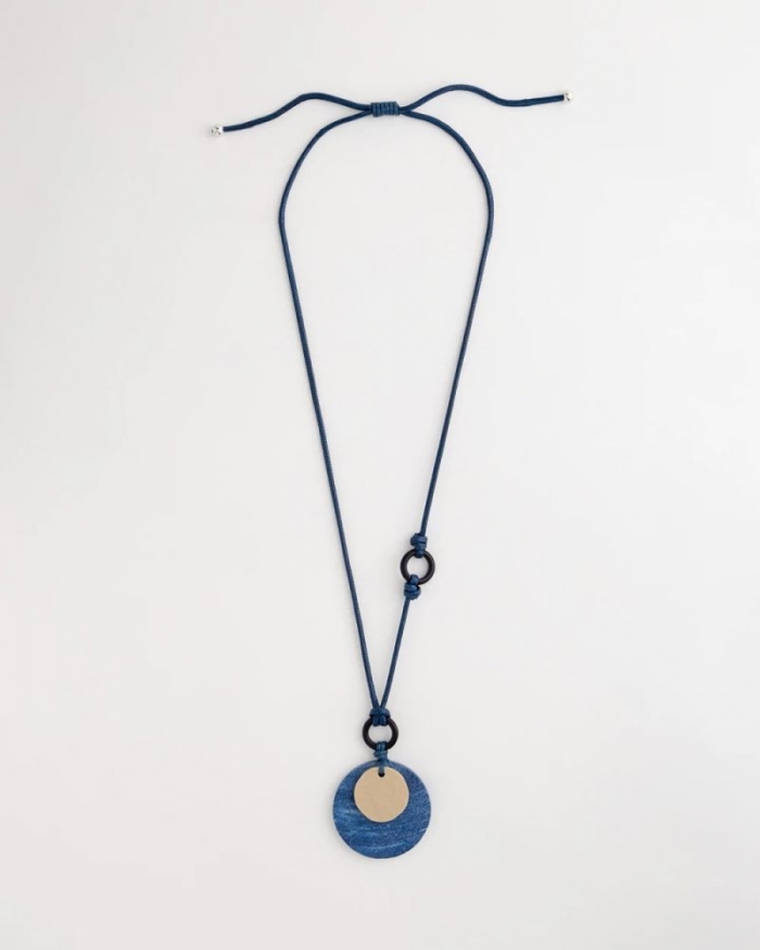 Chicos Adjustable Blue-Neutral Wood Pendant Necklace - BLUE MULTI