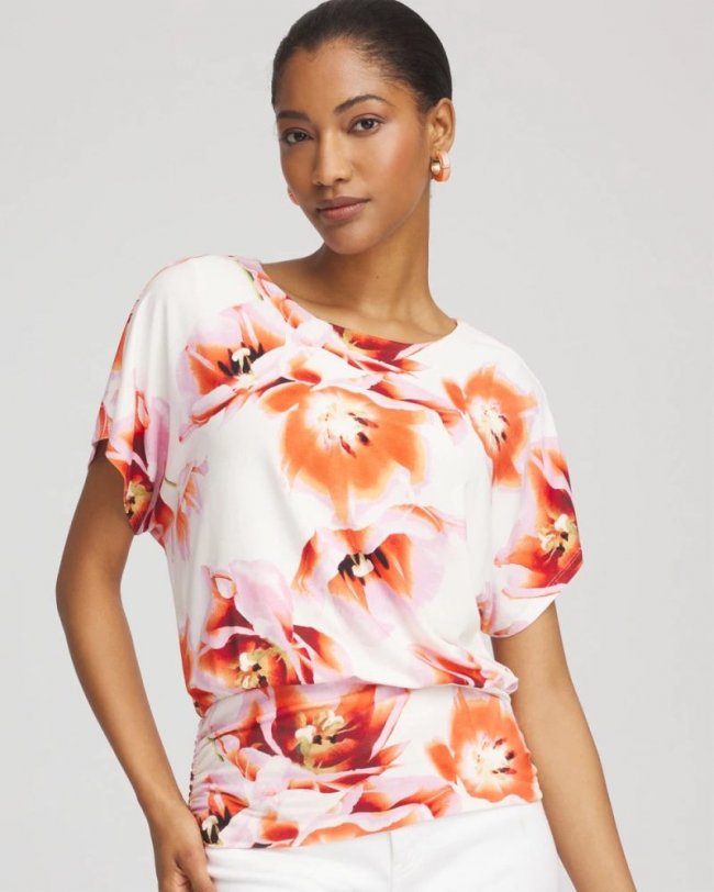 Chicos Touch of Cool™ Tropical Ruched Banded Hem Top - ORANGE TANGO