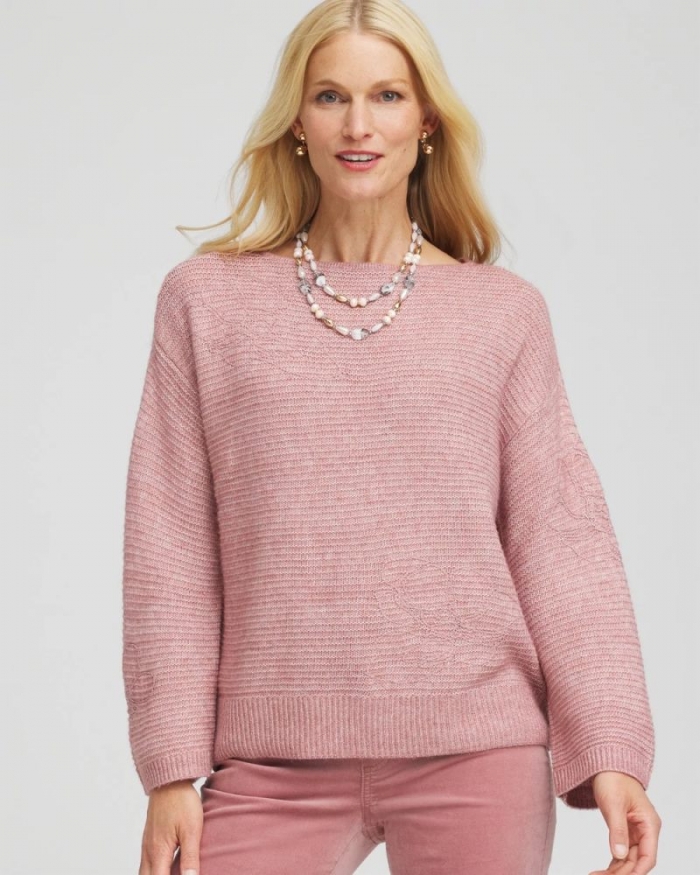 Chicos Tonal Embroidered Boatneck Pullover Sweater - DUSTY ROSE