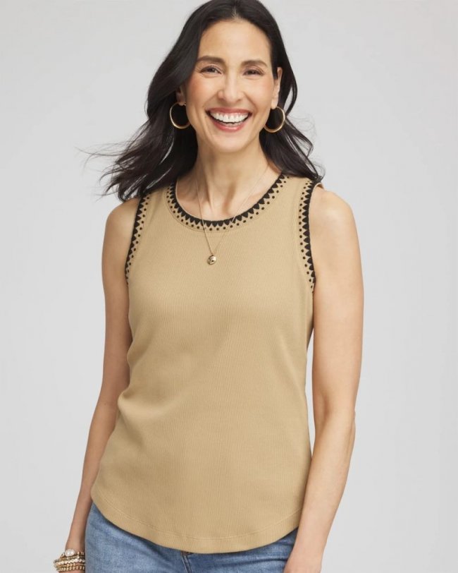 Chicos Contrast-Trim Ribbed Cotton Tank Top - CAFE AROMA