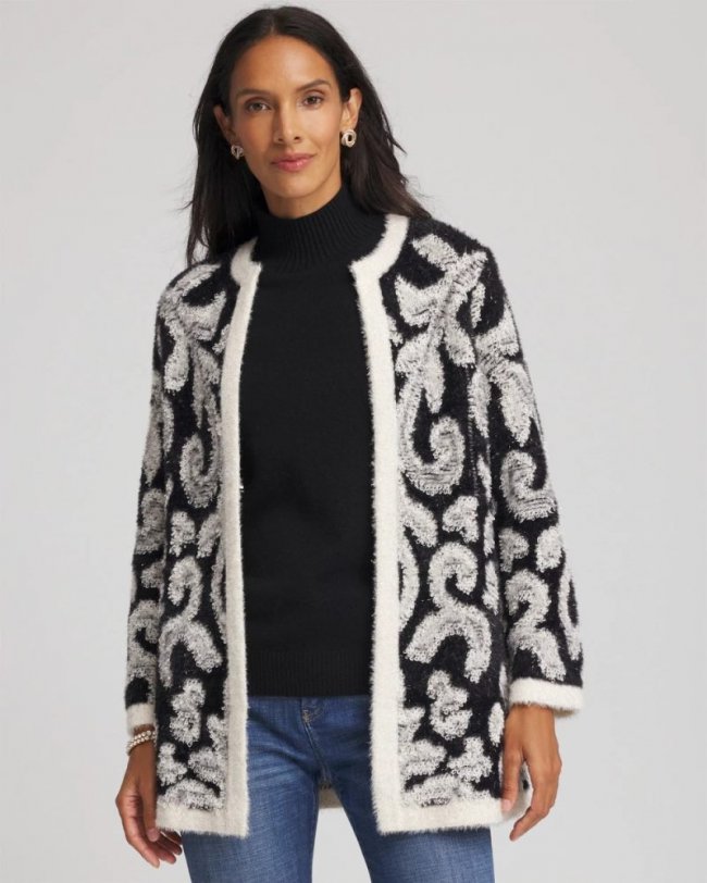 Chicos Abstract Fuzzy Cardigan - BLACK