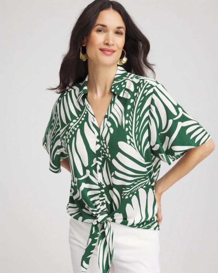 Chicos Palm Print Tie-Front Silky Top - PALM LEAF