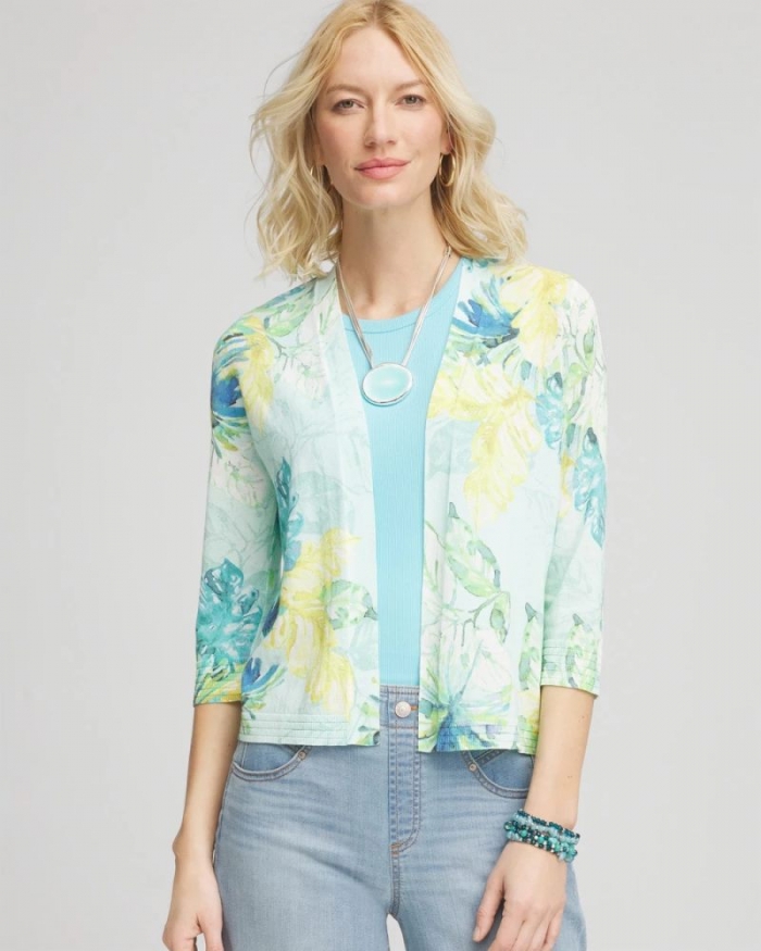 Chicos Tropical Summer Romance Short Cardigan - AQUA