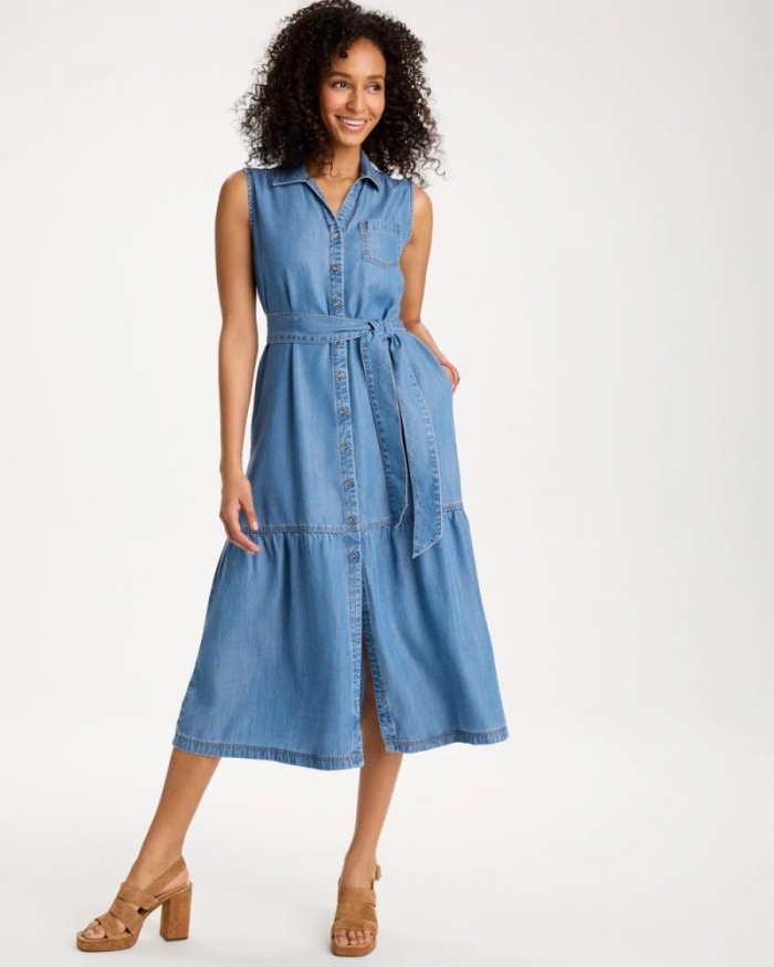 Chicos Twill Denim Belted Shirtdress - INDIGO
