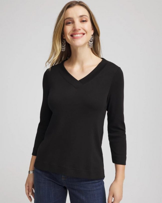 Chicos Pima Cotton 3/4 Sleeve Tee - BLACK