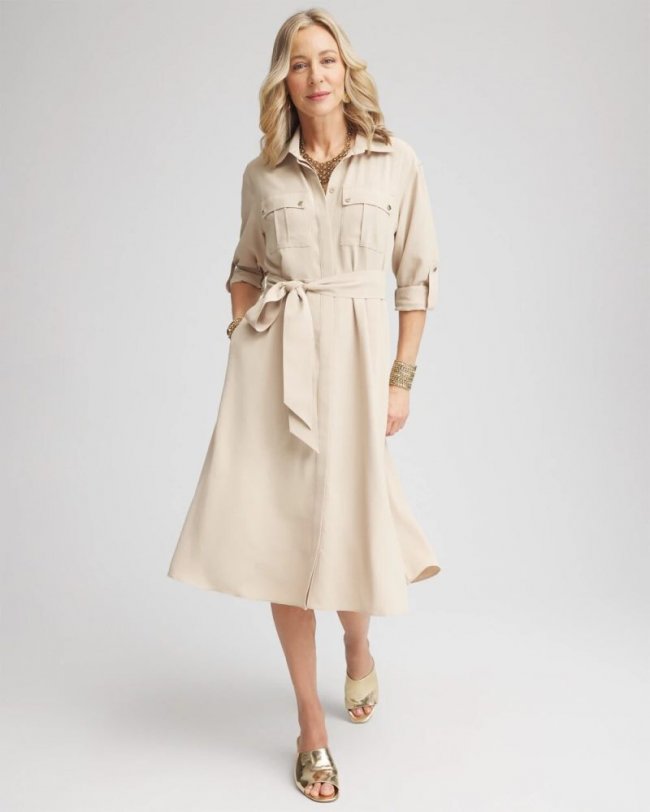 Chicos Twill Belted Midi Shirtdress - WILD TRUFFLE