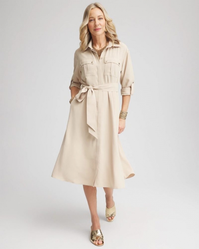 Chicos Twill Belted Midi Shirtdress - WILD TRUFFLE