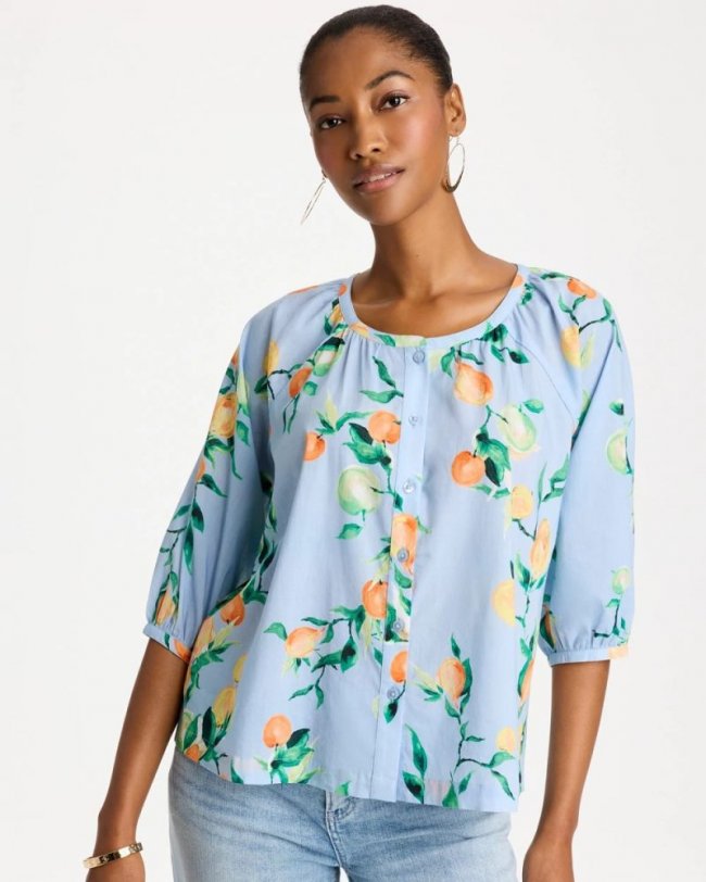 Chicos Cotton Voile Printed Blouse - BONDI BLUE