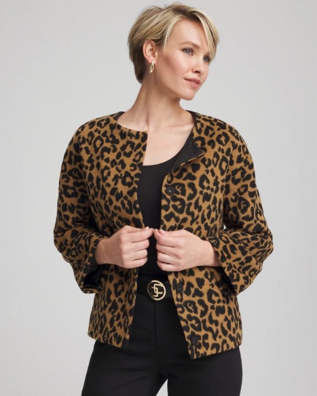 Chicos Fuzzy Collarless Animal Print Jacket - CAMEL Chicos Fuzzy Collarless Animal Print Jacket - CAMEL