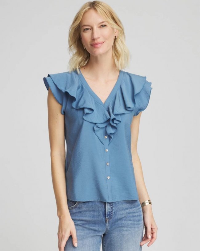 Chicos Crepe Ruffle-Trim Blouse - BLUE LOTUS