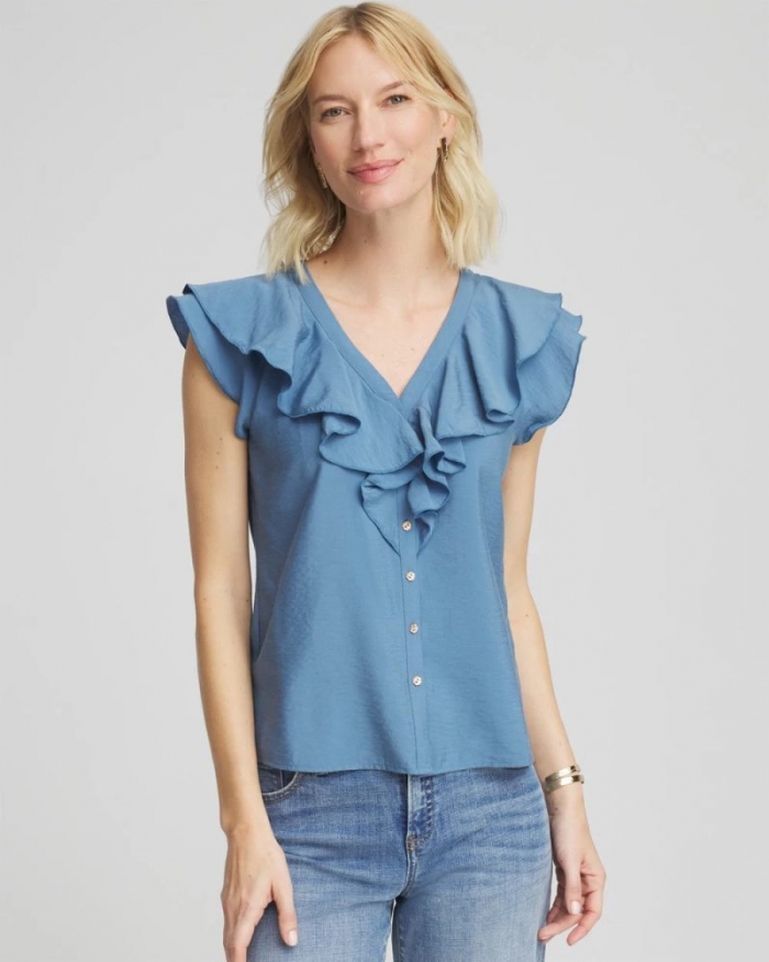 Chicos Crepe Ruffle-Trim Blouse - BLUE LOTUS