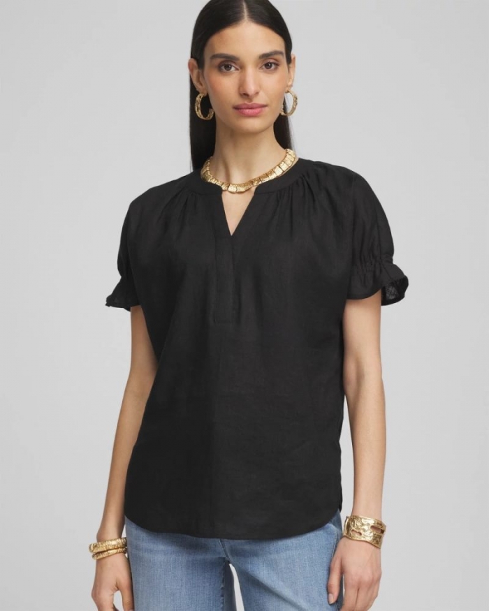 Chicos Linen Flutter-Sleeve Popover Top - BLACK