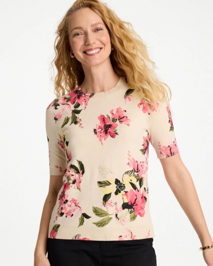 Chicos Ella Crewneck Floral Pullover Sweater - HOT HONEYSUCKLE