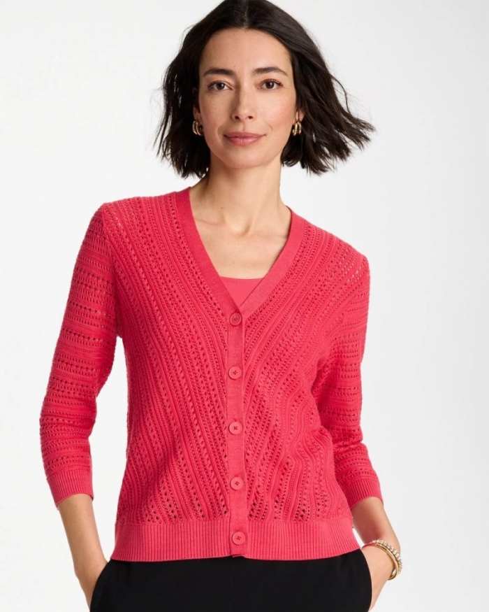 Chicos Stitchy V-Neck Cardigan - HOT HONEYSUCKLE
