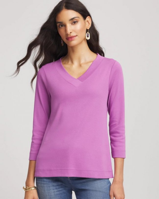 Chicos Pima Cotton 3/4 Sleeve Tee - GOOSEBERRY