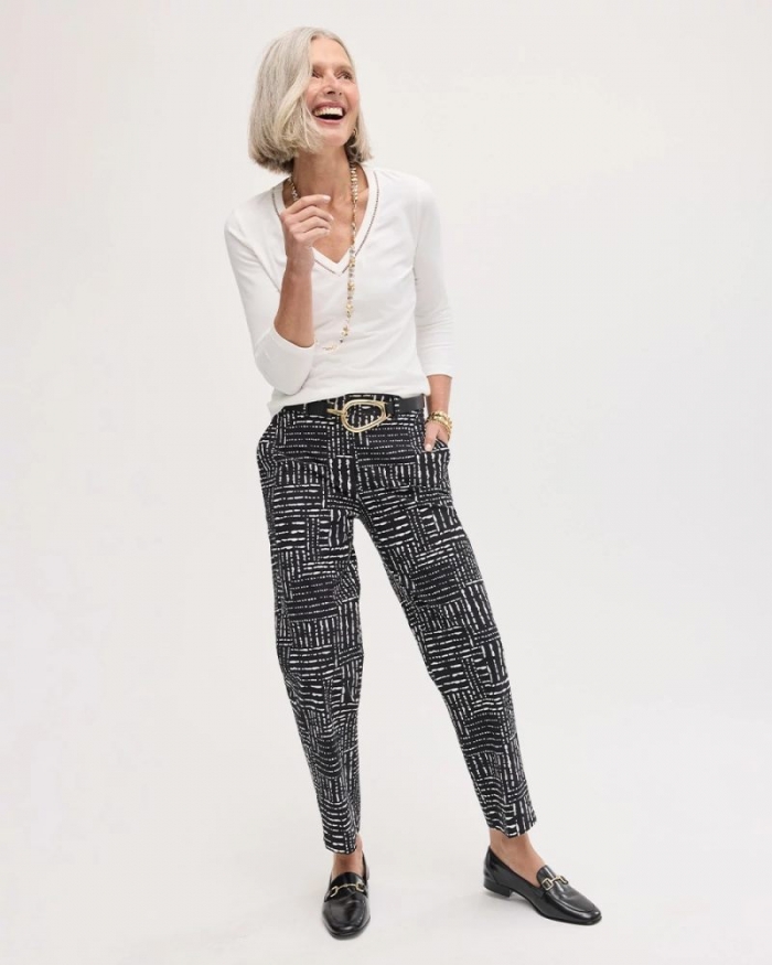 Chicos Emme Fly Front Straight Printed Crop Pants - BLACK