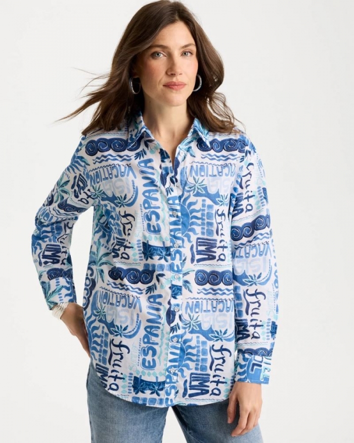 Chicos Cotton Voile Collared Beach Shirt - BONDI BLUE