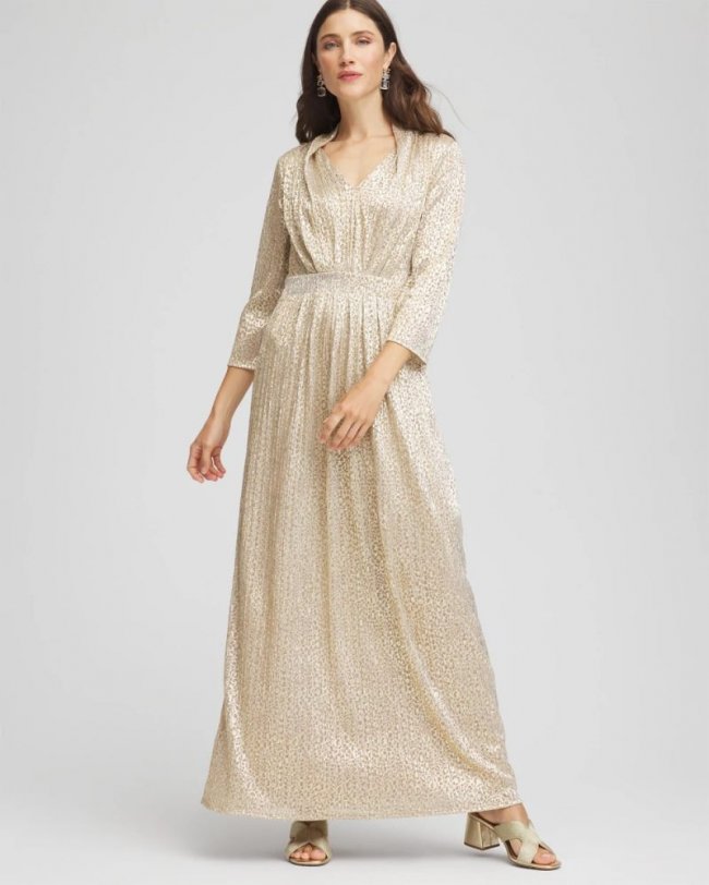 Chicos Metallic Knit Pleated Maxi Dress - GOLD