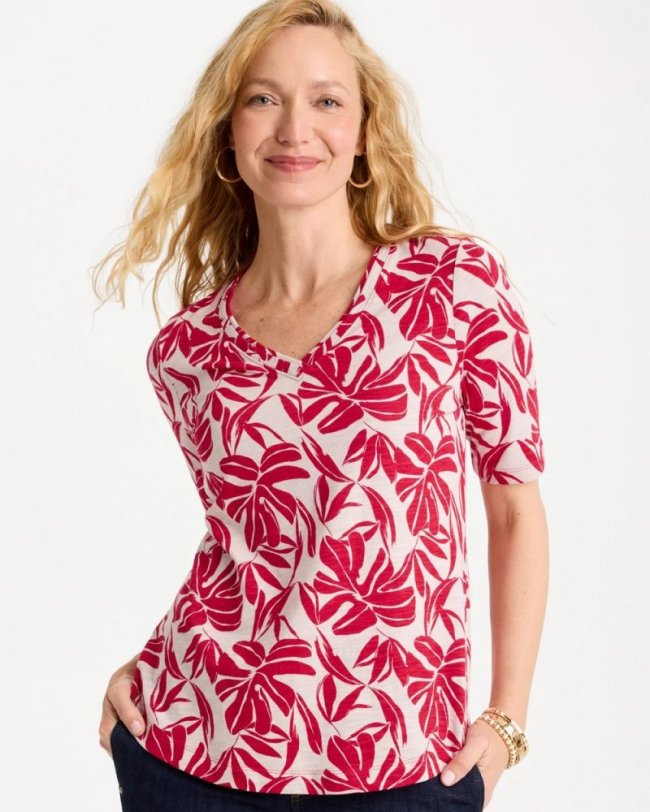 Chicos Printed Cotton Slub V-Neck Tee - CHERRY LUSH