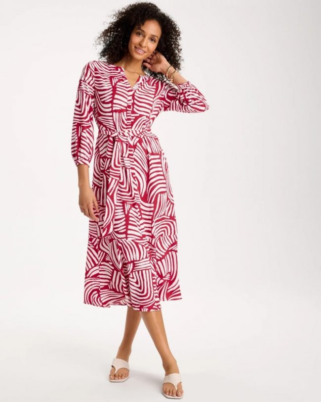 Chicos Printed Ruffle-Sleeved Midi Dress - CHERRY LUSH