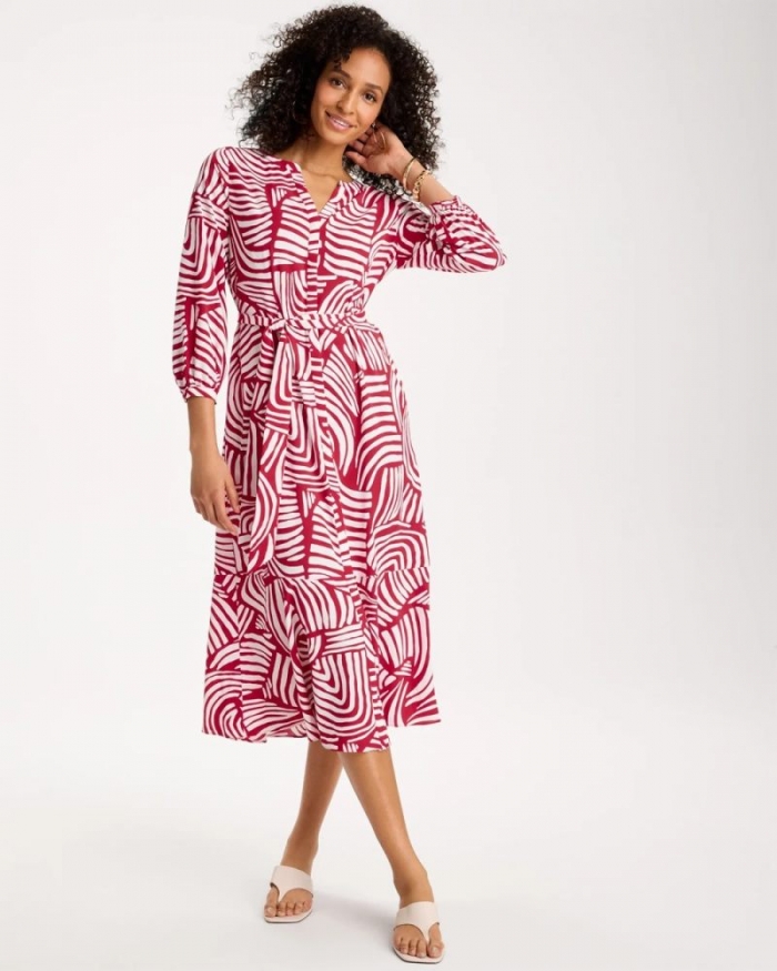 Chicos Printed Ruffle-Sleeved Midi Dress - CHERRY LUSH
