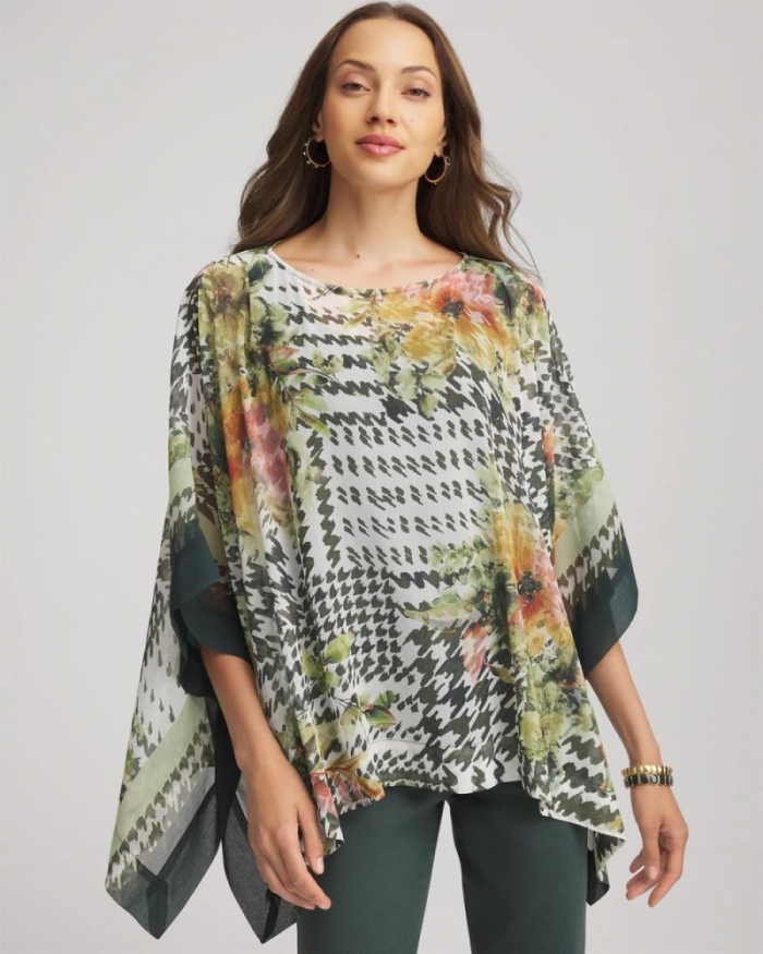 Chicos Printed Crinkle-Chiffon Pullover Poncho - NETTLE LEAF