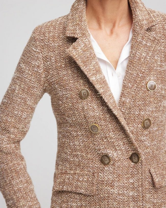 Chicos Tweed Double-Breasted Blazer - CAFE AROMA