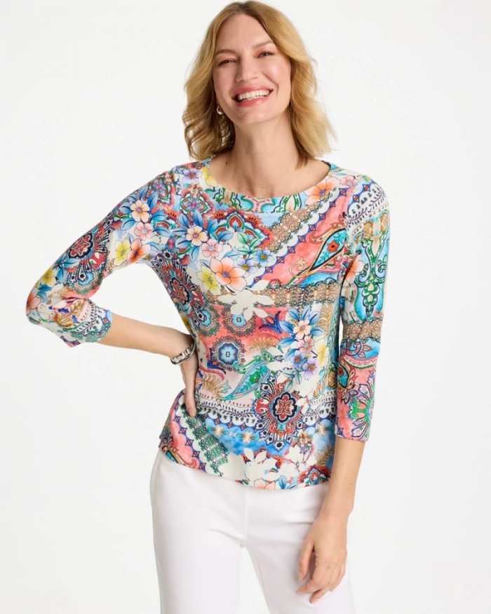 Chicos PrintedPima 3/4 Sleeve Tee - HOT HONEYSUCKLE