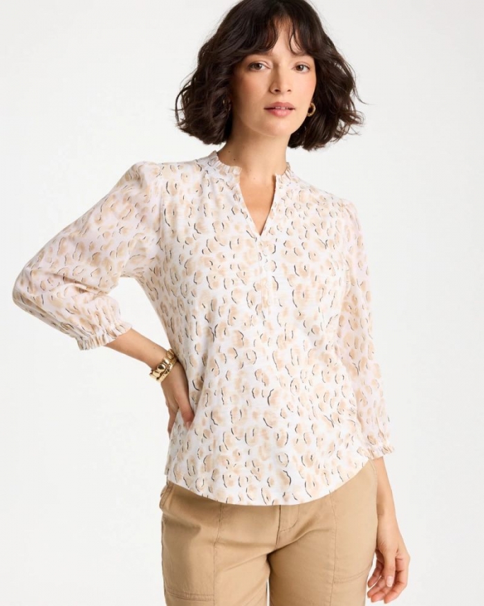 Chicos Animal Print Ruffled V-Neck Top - MOCHA MOUSSE