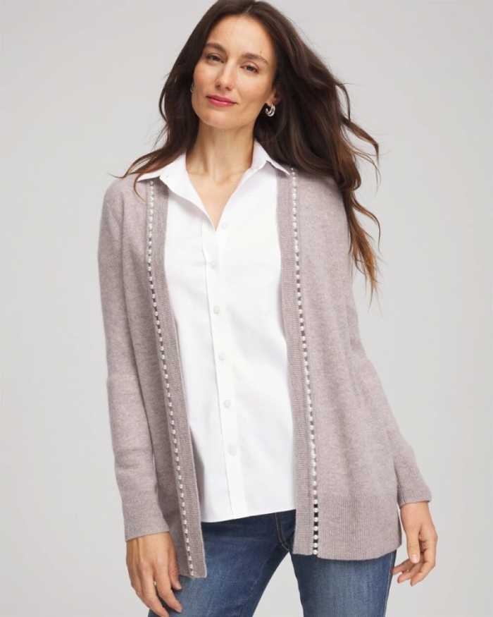 Chicos Cashmere Pearl-Trim Cardigan - TAUPE HEATHER