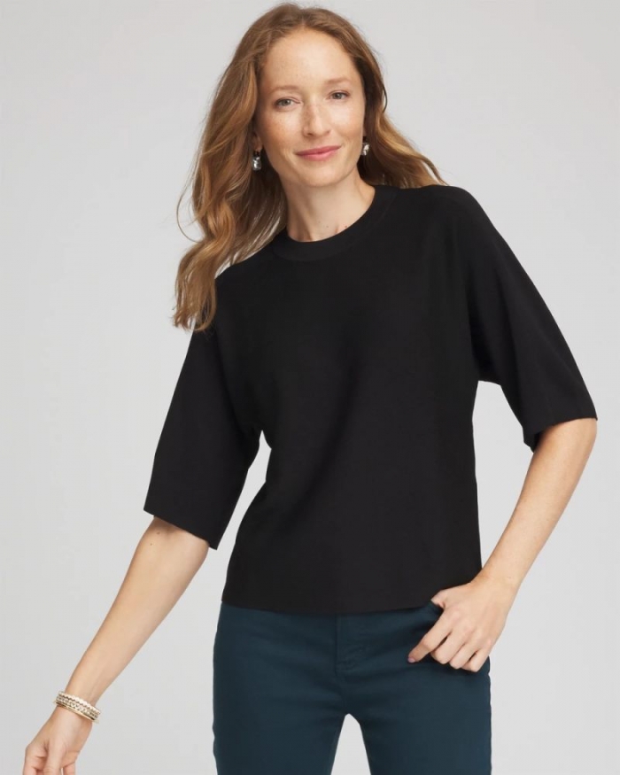 Chicos Dolman Sleeve Crew Neck Pullover Sweater - BLACK