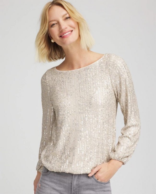 Chicos Drizzled Sequins Bubble-Hem Top - CHAMPAGNE FIZZ