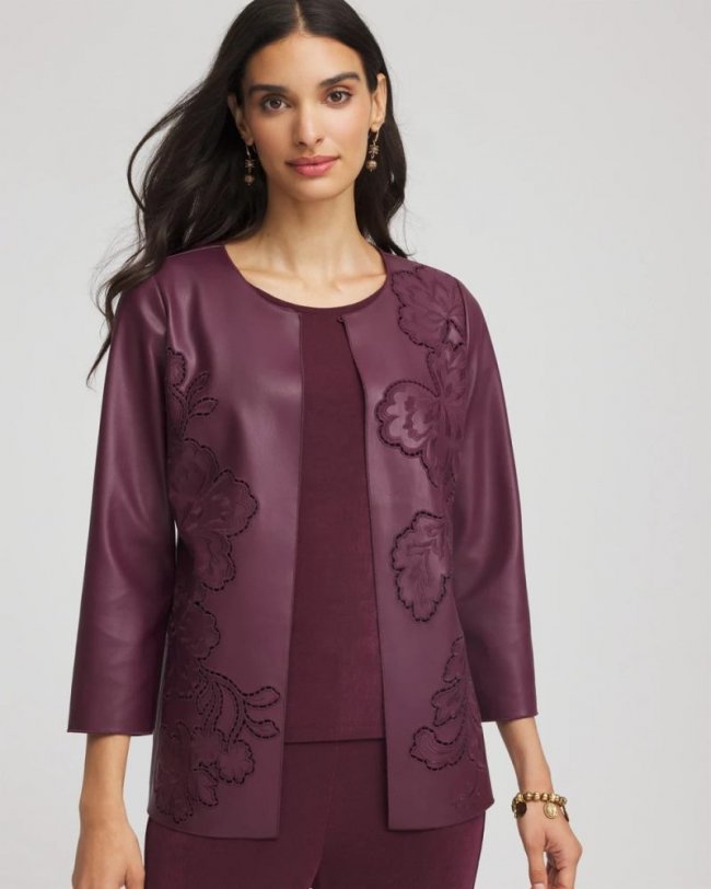 Chicos Travelers™ Collection Faux Leather Embroidered Jacket - BLACKENED BURGUNDY Chicos Travelers™ Collection Faux Leather Embroidered Jacket - BLACKENED BURGUNDY
