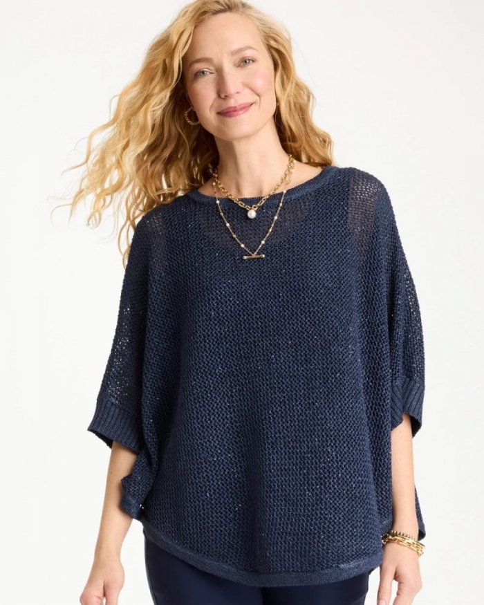 Chicos Sequin Boatneck Rounded Hem Poncho - PASSPORT BLUE