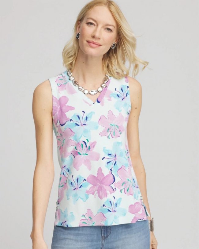 Chicos Floral Sleeveless V-Neck Tank - PARADISO BLUE